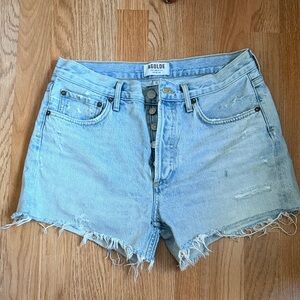 Agolde Light Wash High-Rise Frayed Denim Shorts